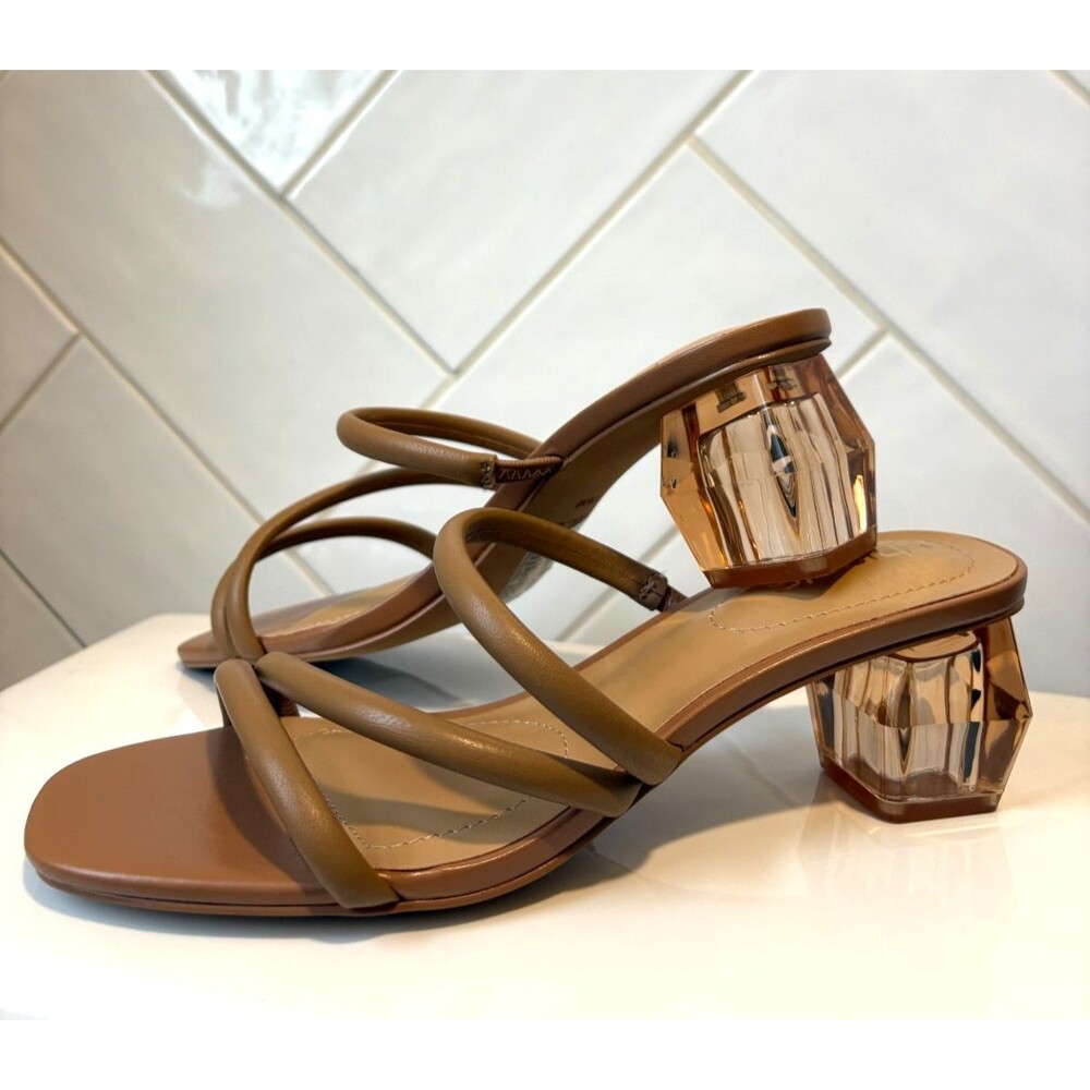 CHICO'S Marina Round Lucite Sandals Tan Leather Triple Strap Block Heel 8.5 NWOB